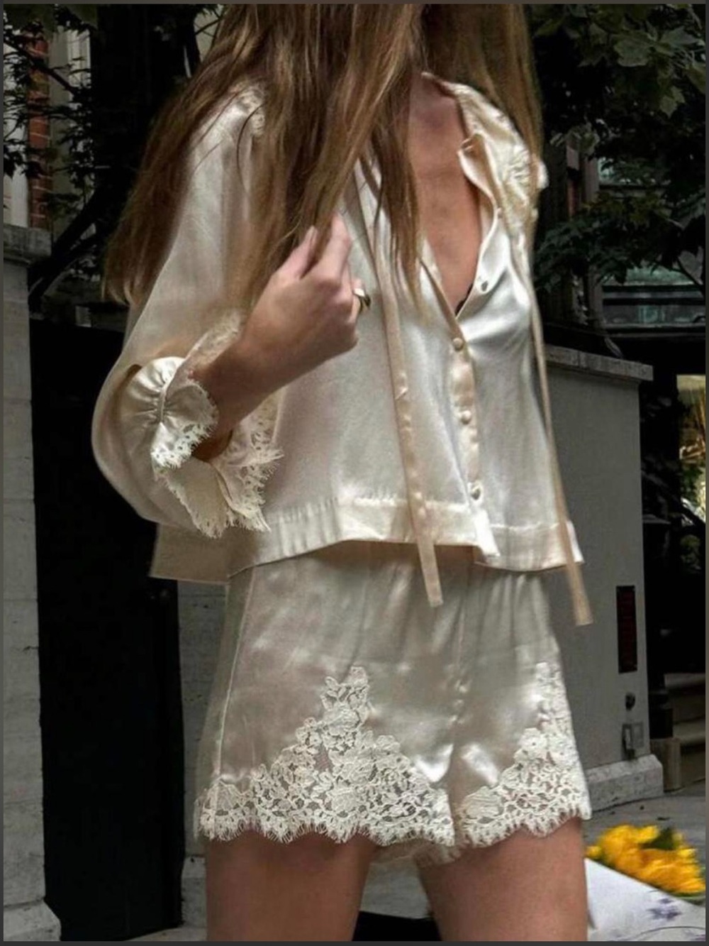Lace-Trim Cream Satin Set